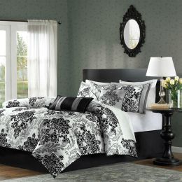 King size 7-Piece Comforter Set with Black Grey Damask Pattern