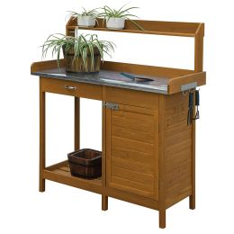 Outdoor Home Garden Potting Bench with Metal Table Top and Storage Cabinet