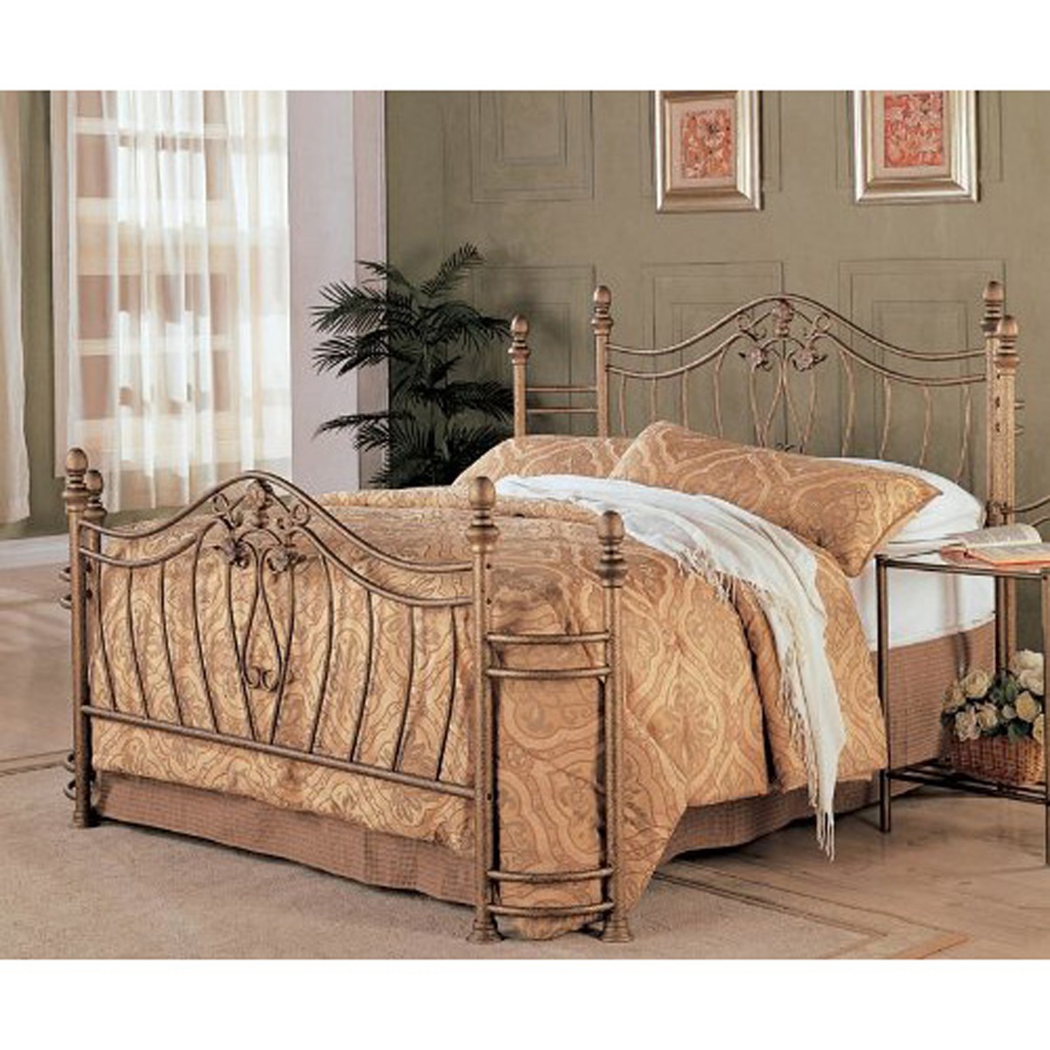 Queen Size Metal Bed With Headboard And, Antique Gold Bed Frame