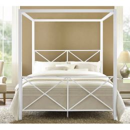 Queen size Sturdy Metal Canopy Bed Frame in White