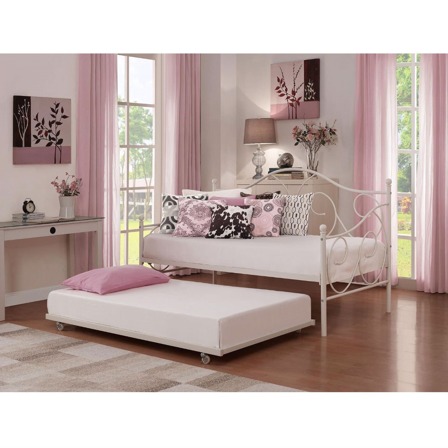 Twin size White Metal Trundle Bed with Casters Wheels for ...