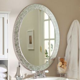 Oval Frame-less Bathroom Vanity Wall Mirror with Elegant Crystal Look Border