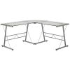 Modern Silver Metal L-Shaped Desk with Glass Top and Floor Glides