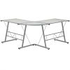 Modern Silver Metal L-Shaped Desk with Glass Top and Floor Glides