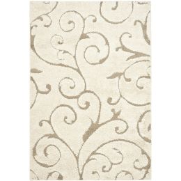3'3 x 5'3 Shag Area Rug in Beige Off White with Scrolling Floral Pattern